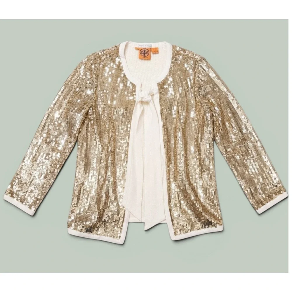 Tory Burch Bergdorf Goodman Gold Sequin Silk Tie Front Jacket Cardigan‎ Top SZ 4